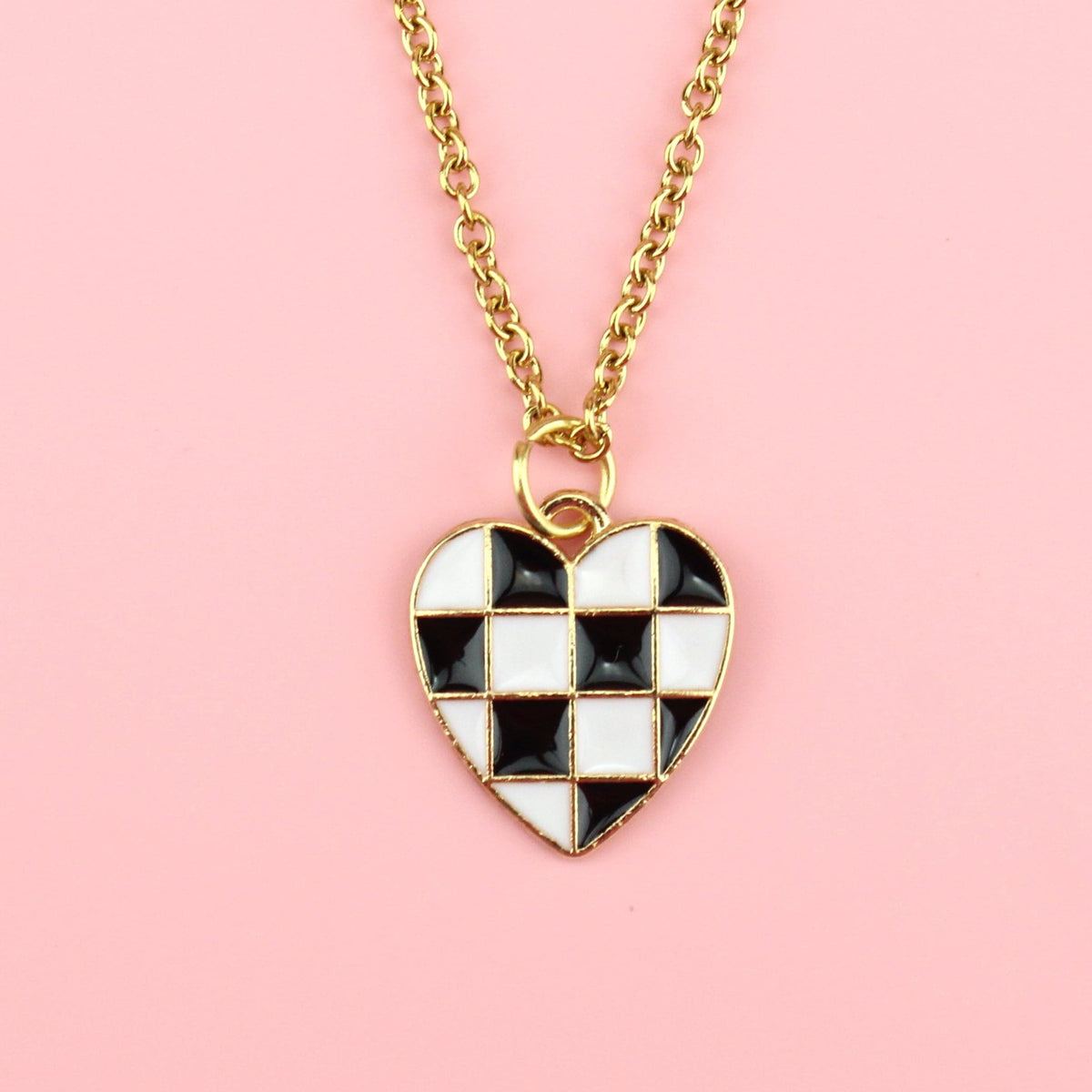 Black & White Heart Checkerboard Necklace – Sour Cherry