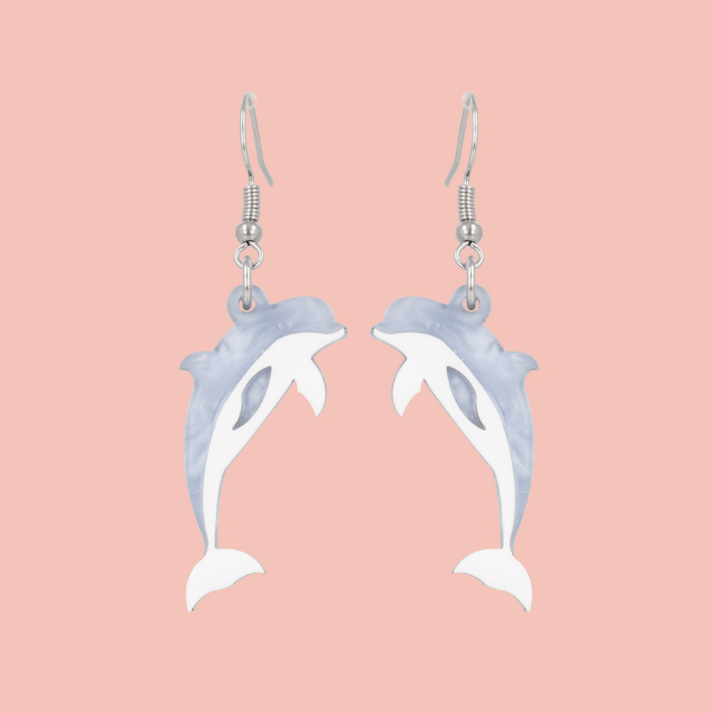 Blue marble dolphin charms on stainless steel earwires