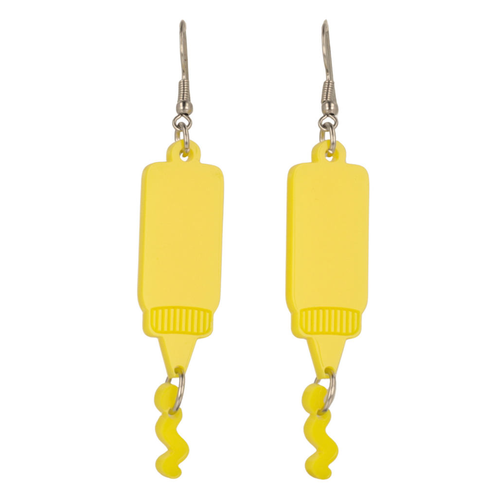 Stainless steel earwires featuring mustard  acrylic charms with a charm joined to the bottle showing sauce coming out of it