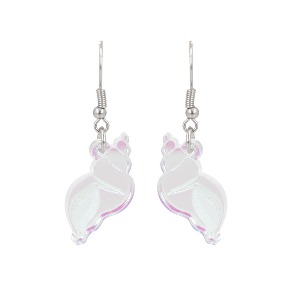 Iridescent conch shell charms on stainless steel earwires