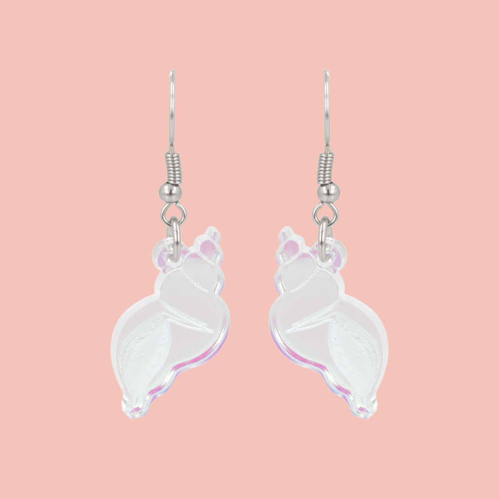 Iridescent conch shell charms on stainless steel earwires