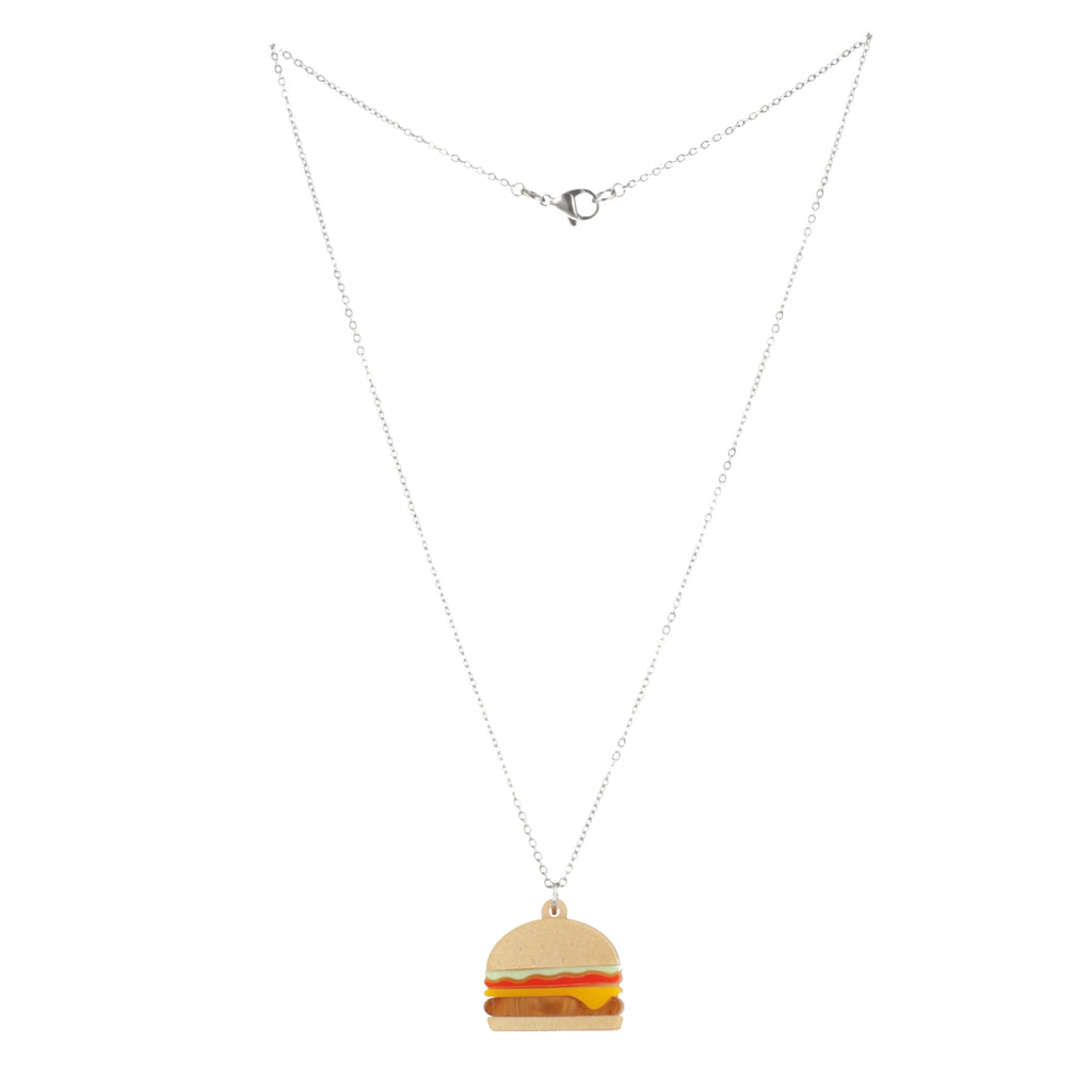 Acrylic Burger pendant featuring lettuce, tomato and cheese on a stainless steel chain