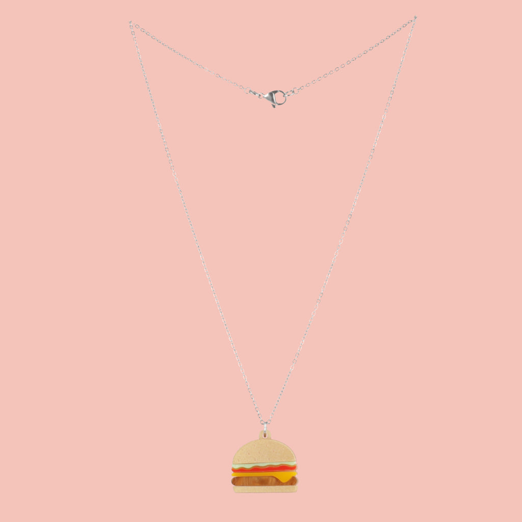 Acrylic Burger pendant featuring lettuce, tomato and cheese on a stainless steel chain