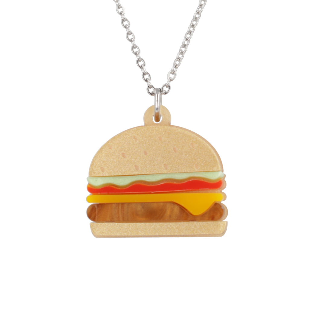 Acrylic Burger pendant featuring lettuce, tomato and cheese on a stainless steel chain