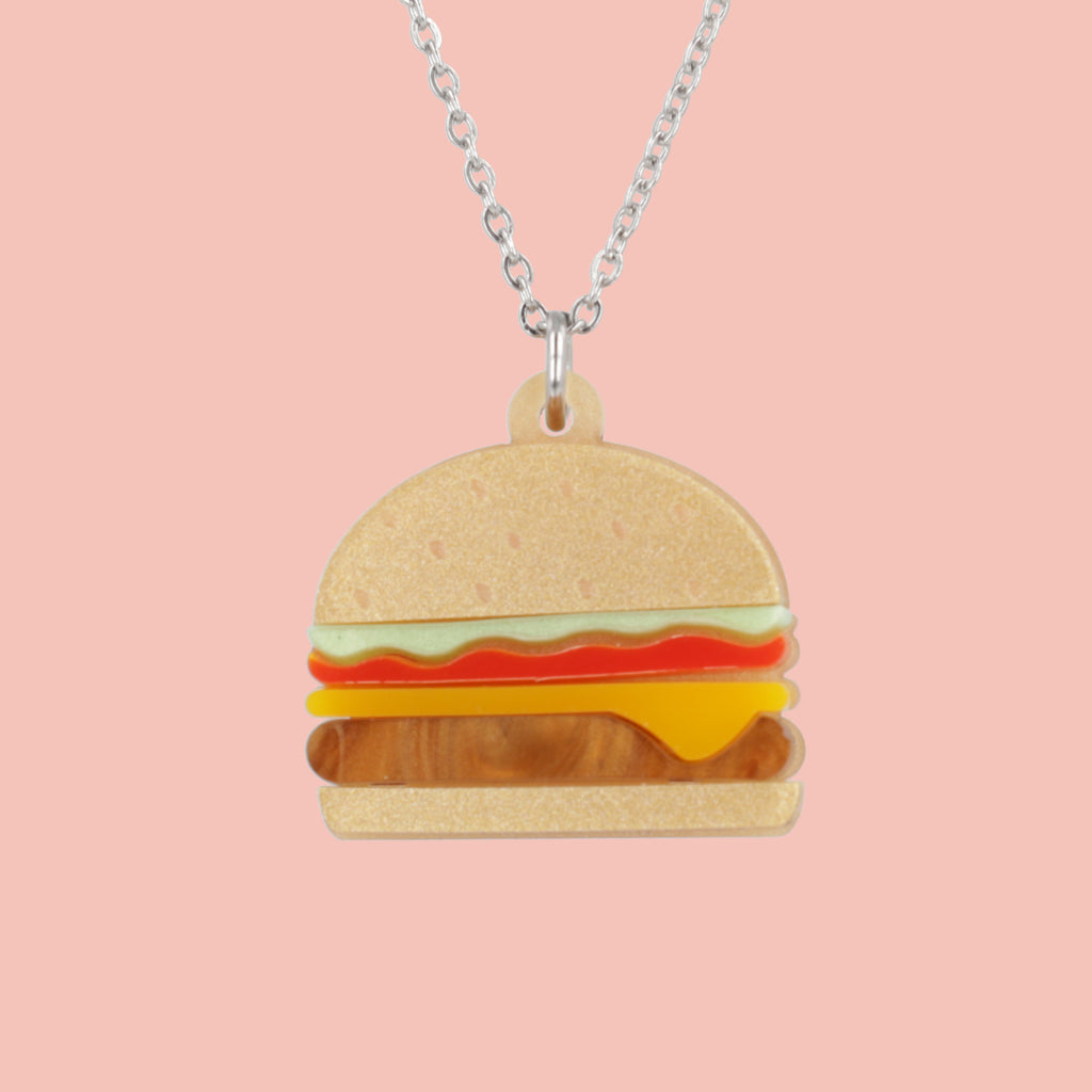 Acrylic Burger pendant featuring lettuce, tomato and cheese on a stainless steel chain