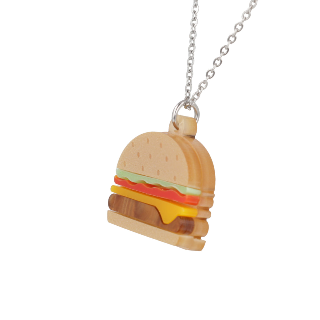 Acrylic Burger pendant featuring lettuce, tomato and cheese on a stainless steel chain