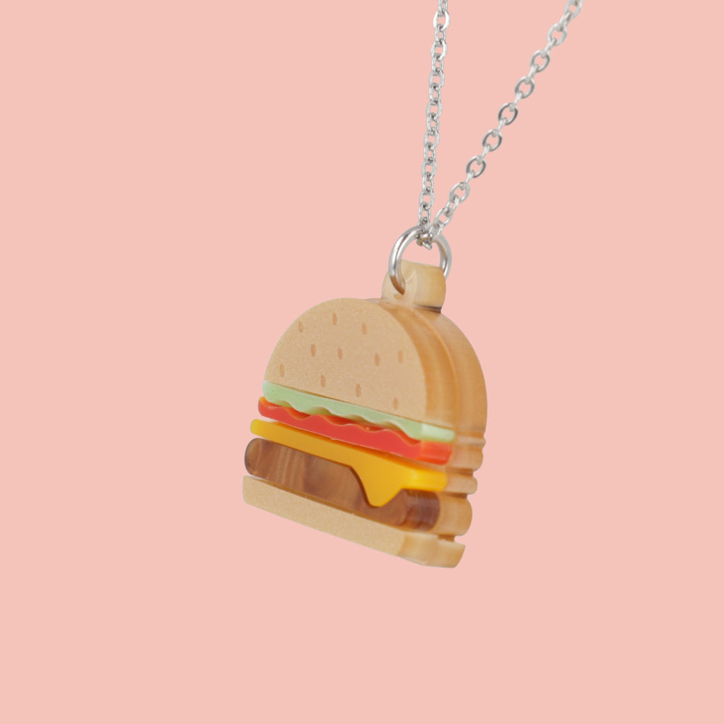 Acrylic Burger pendant featuring lettuce, tomato and cheese on a stainless steel chain