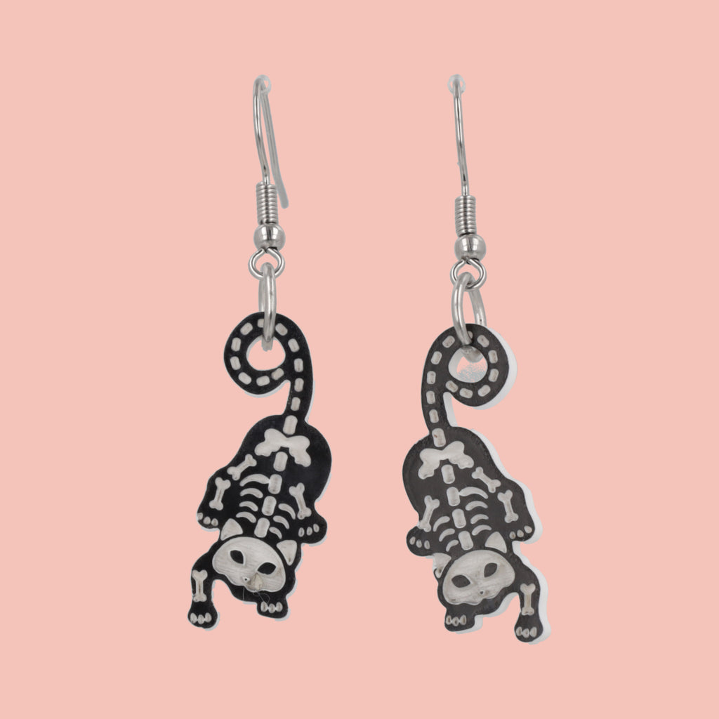  cat skeleton charms on stainless steel earwires 