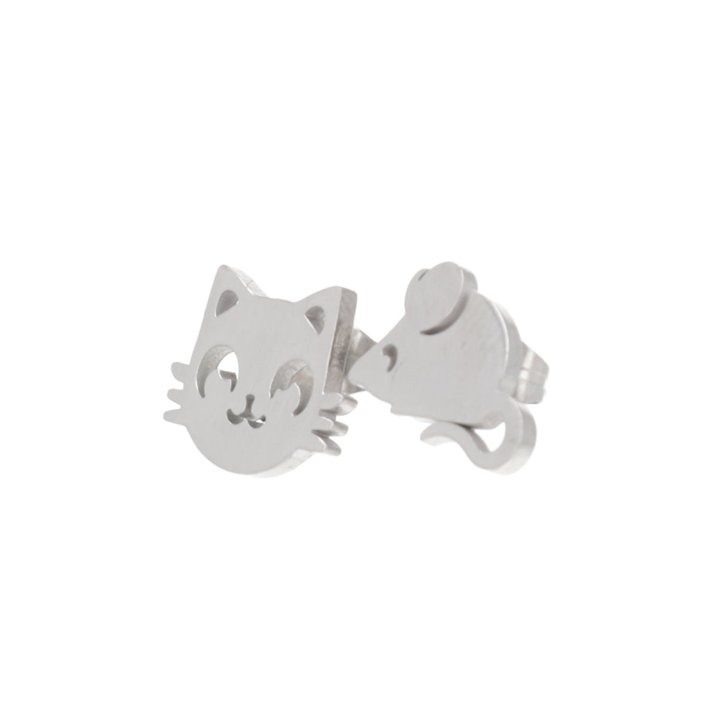 Stainless steel studs, one in the shape of a cat's face and one in the shape of a mouse