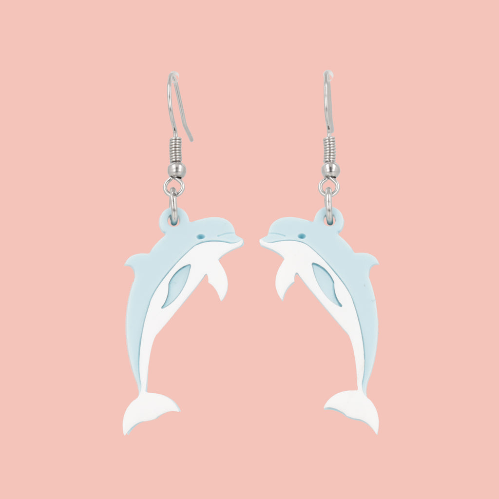 Light blue acrylic Dolphin charms on stainless steel earwires