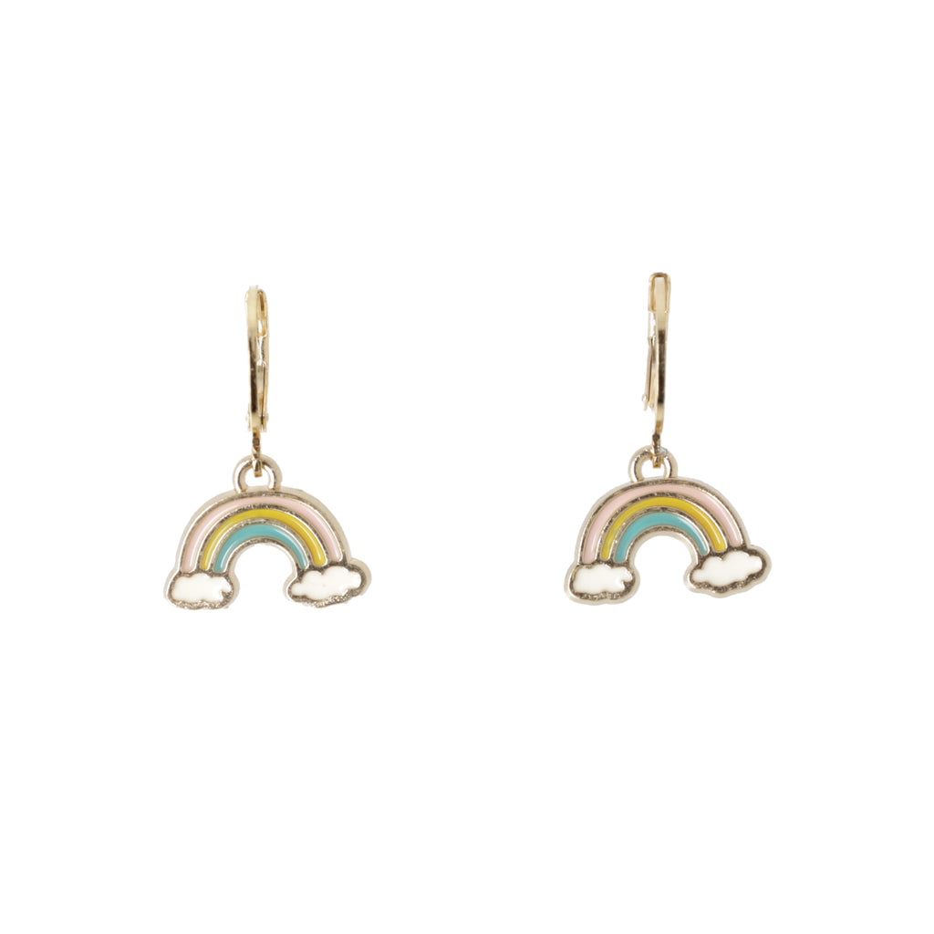 Gold plated stainless steel huggie hoop earrings with base metal rainbow charms featuring a cloud each side of the rainbow