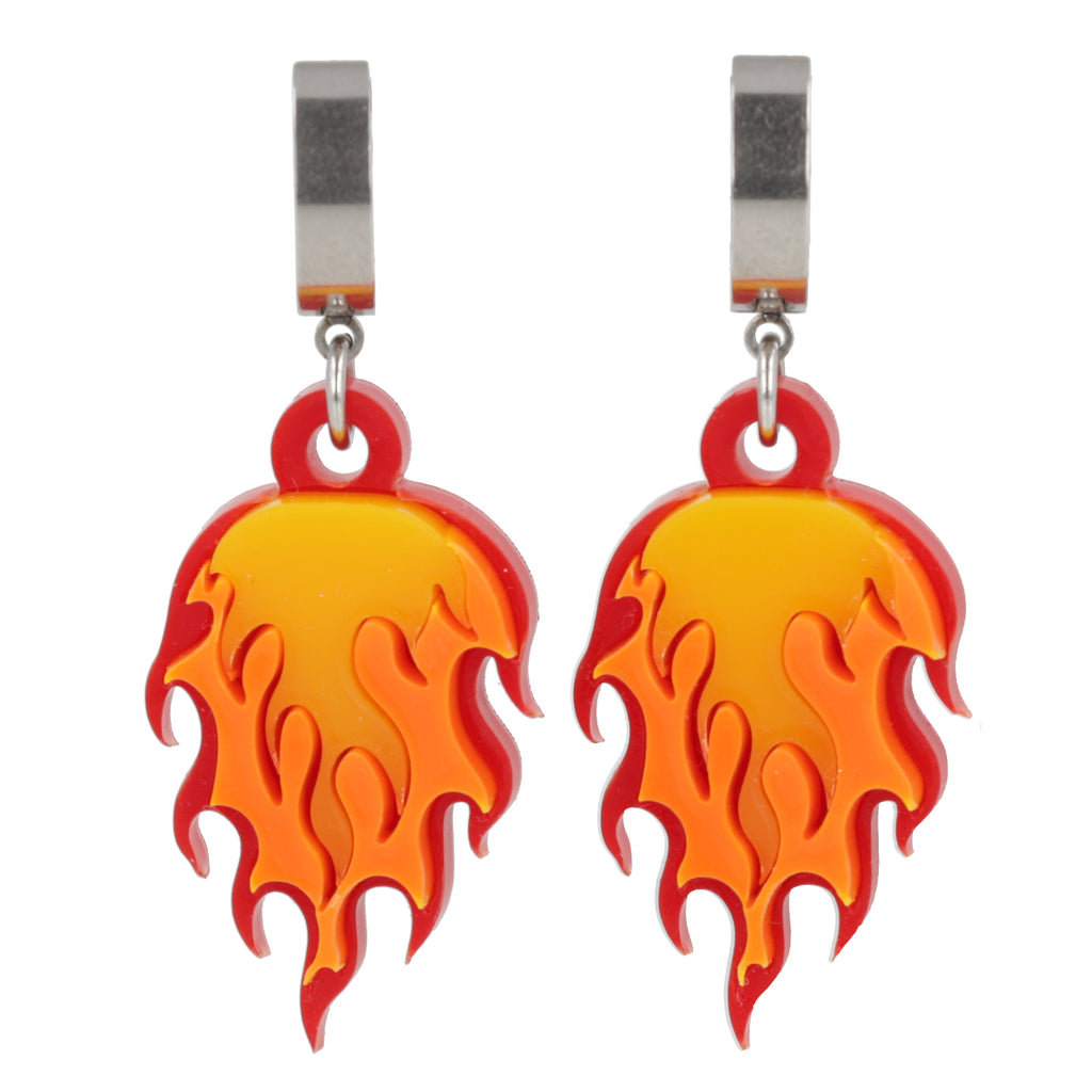 Flame charms on stainless steel huggie hoop earrings