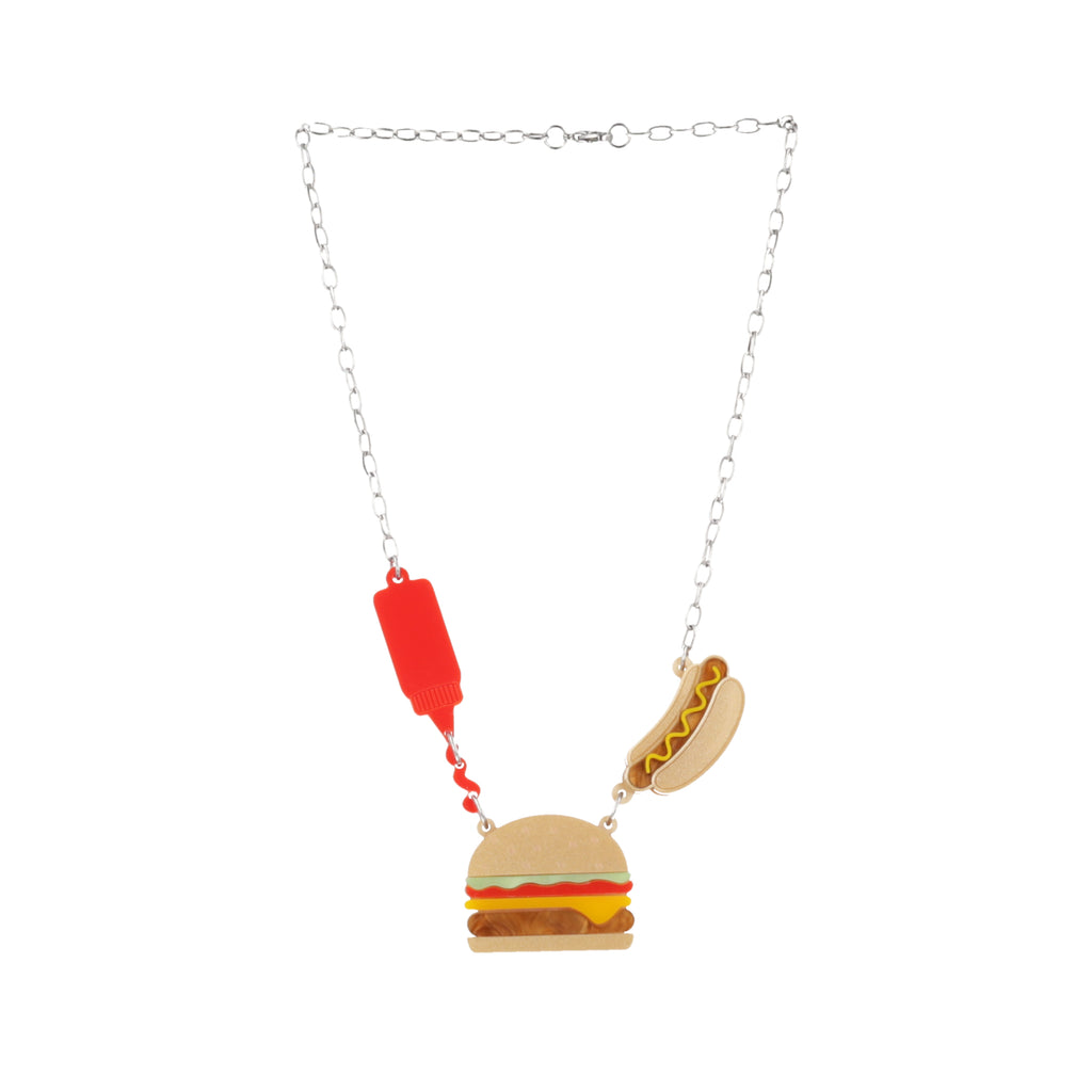 Stainless steel oval link chain with a kethup, cheeseburger and mustard hot dog pendant