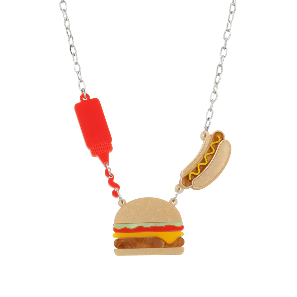 Stainless steel oval link chain with a kethup, cheeseburger and mustard hot dog pendant