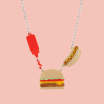 Stainless steel oval link chain with a kethup, cheeseburger and mustard hot dog pendant