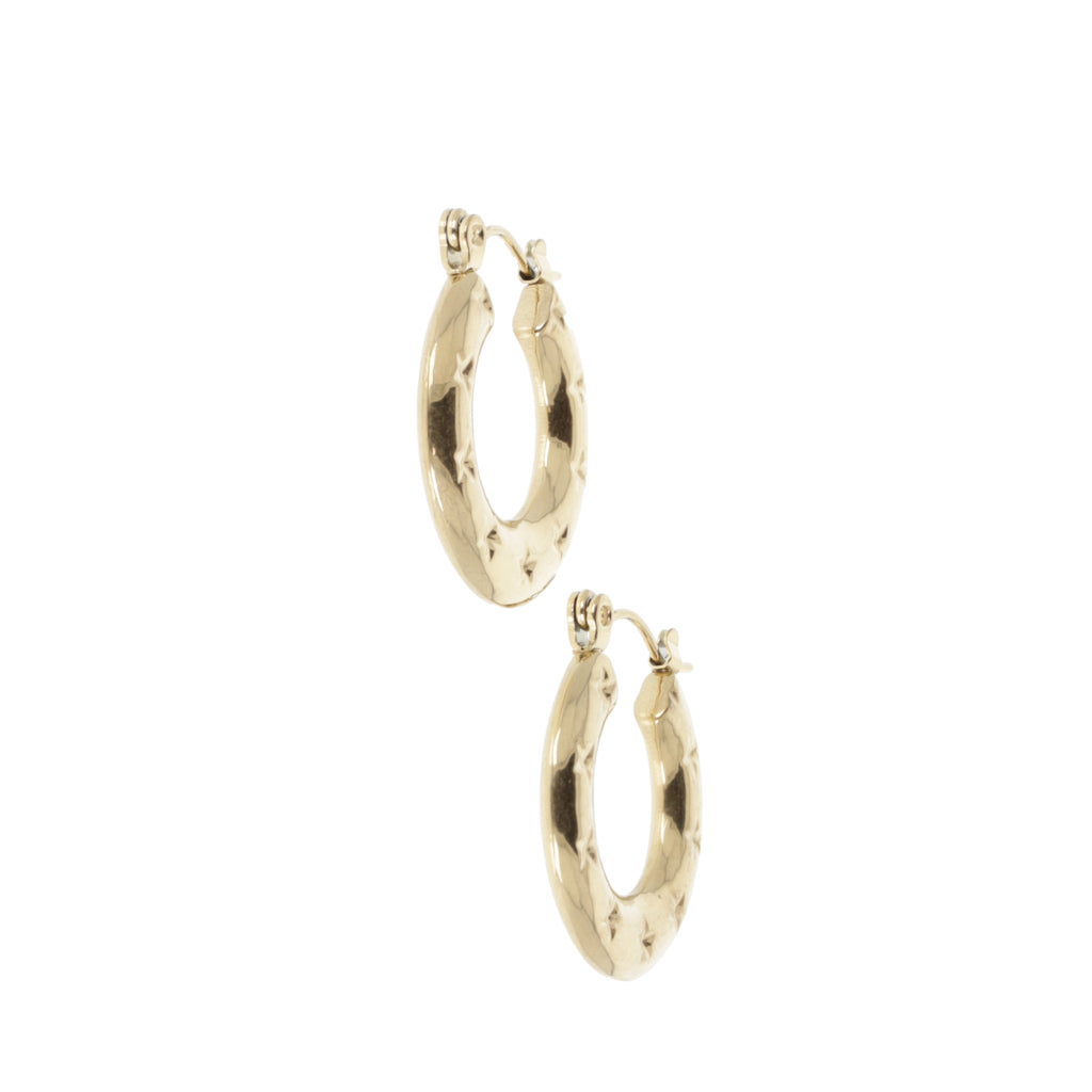 Gold horseshoe-shaped earring with stars surrounding the horsehoe