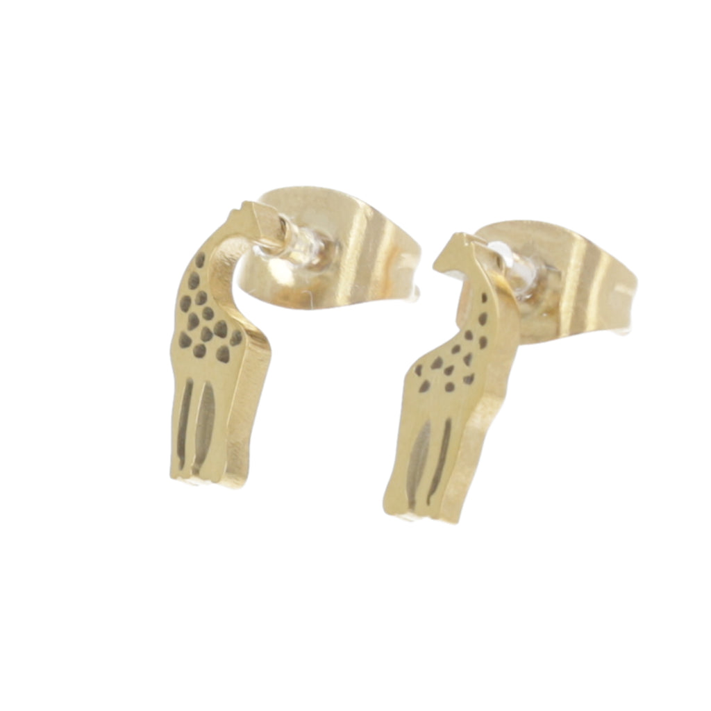 Gold plated stainless steel studs in the shape of a giraffe