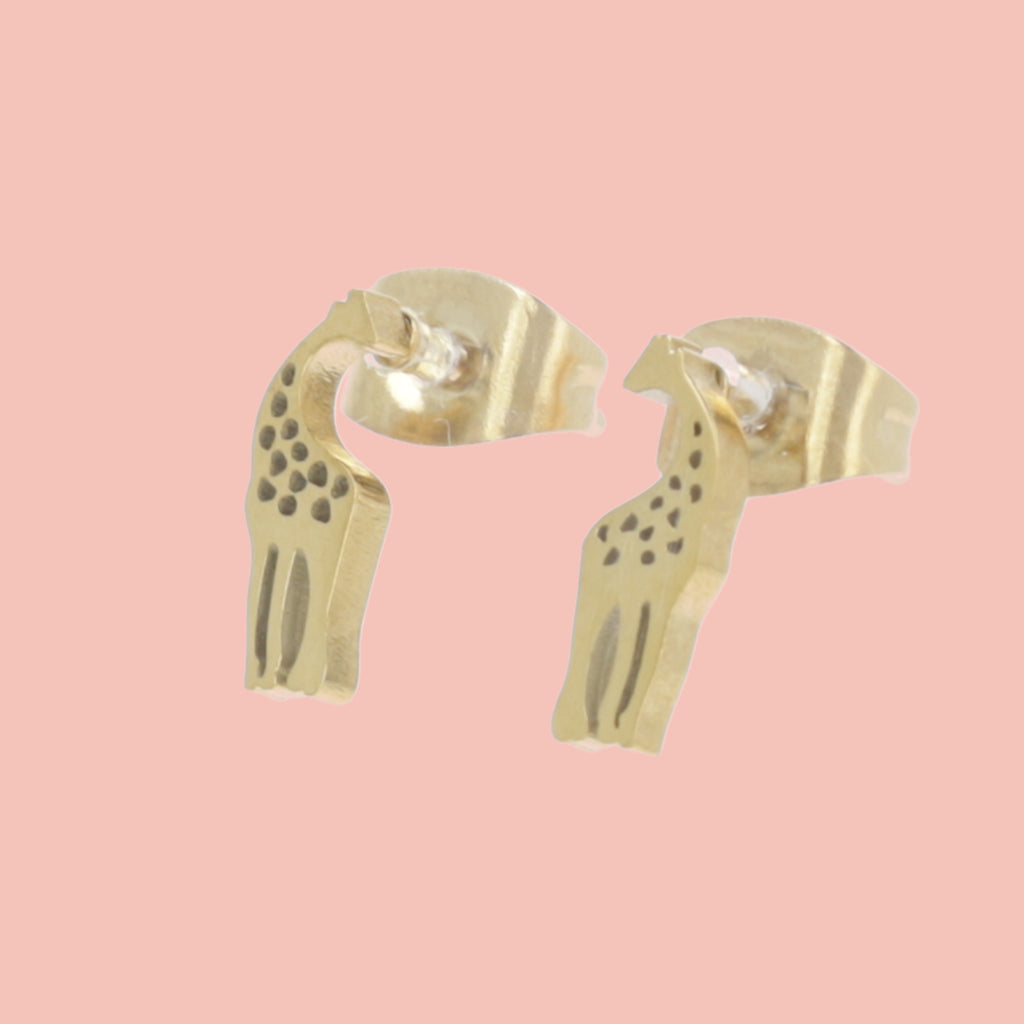 Gold plated stainless steel studs in the shape of a giraffe