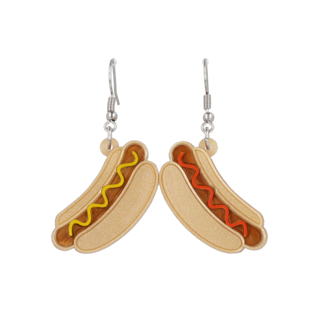 Hotdog charms (left with mustard and right with ketchup) on stainless steel earwires