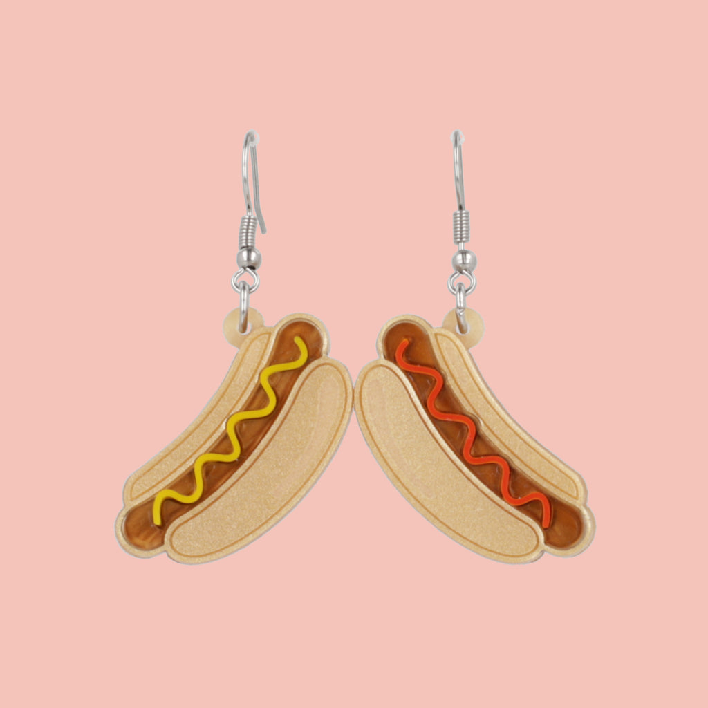 Hotdog charms (left with mustard and right with ketchup) on stainless steel earwires