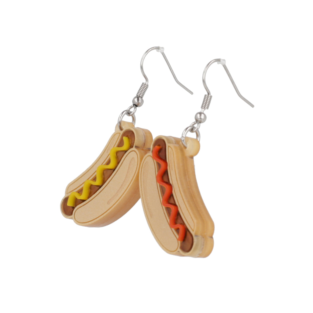 Hotdog charms (left with mustard and right with ketchup) on stainless steel earwires