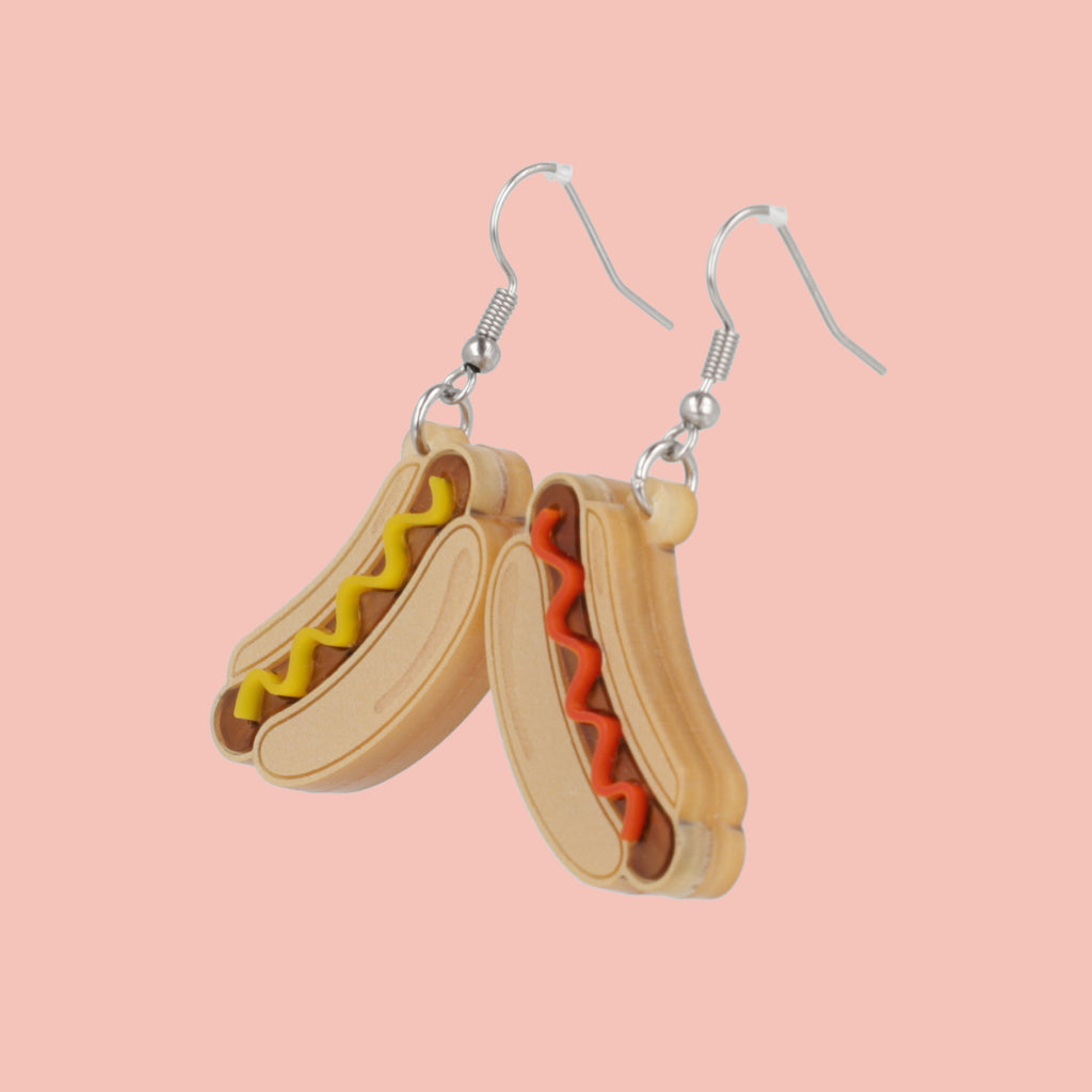 Hotdog charms (left with mustard and right with ketchup) on stainless steel earwires