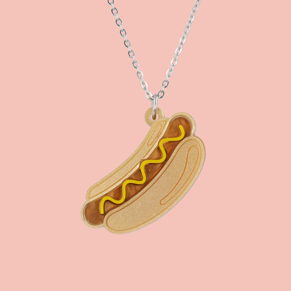 Stainless steel chain with a mustard hot dog pendant