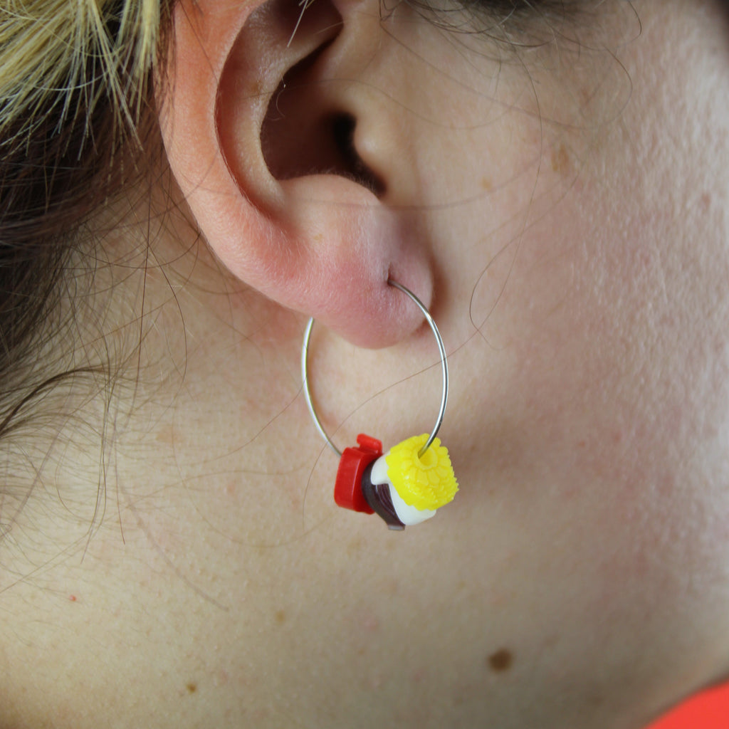 Stainless steel hoop earrings with red pepper, red onion, mushroom and corn on the cob charms 