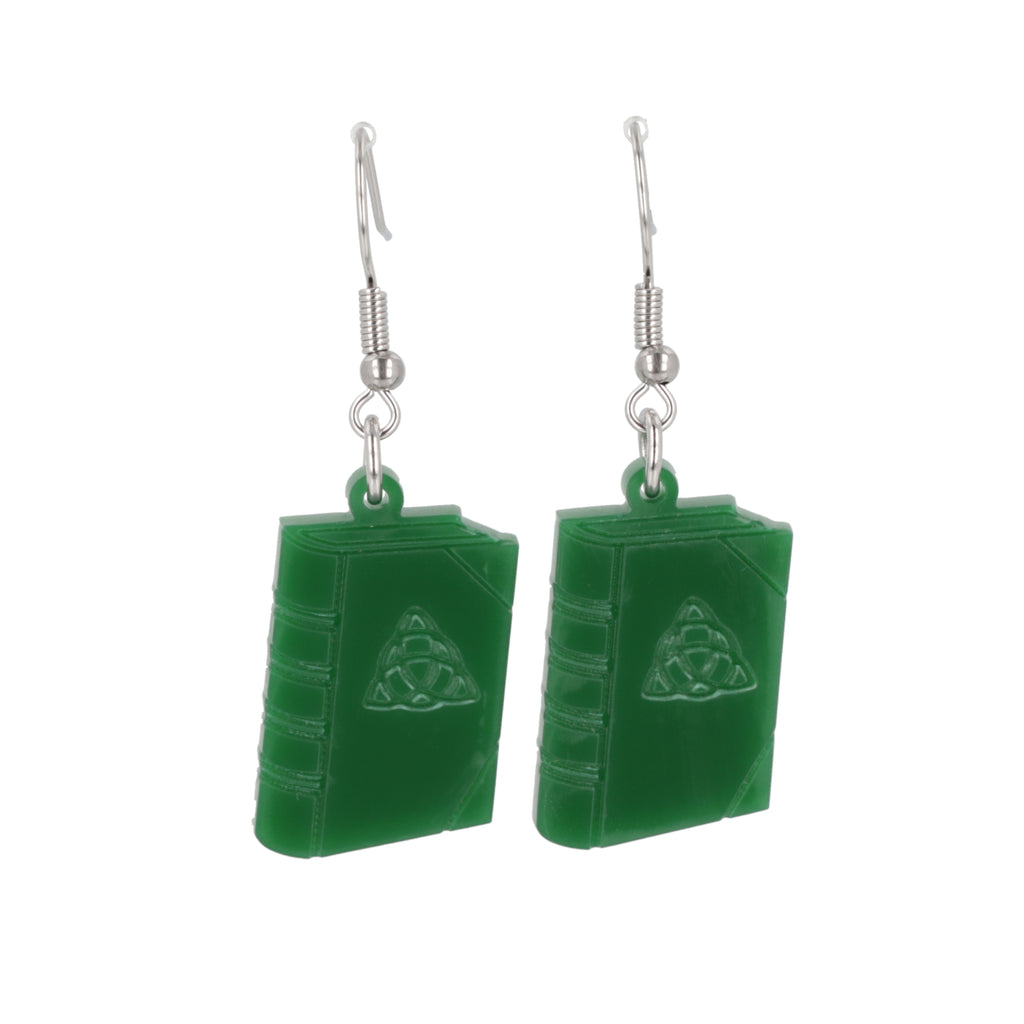 Moss green acrylic spell book charms on stainless steel earwires