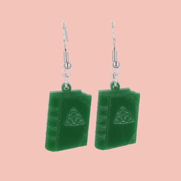 Moss green acrylic spell book charms on stainless steel earwires