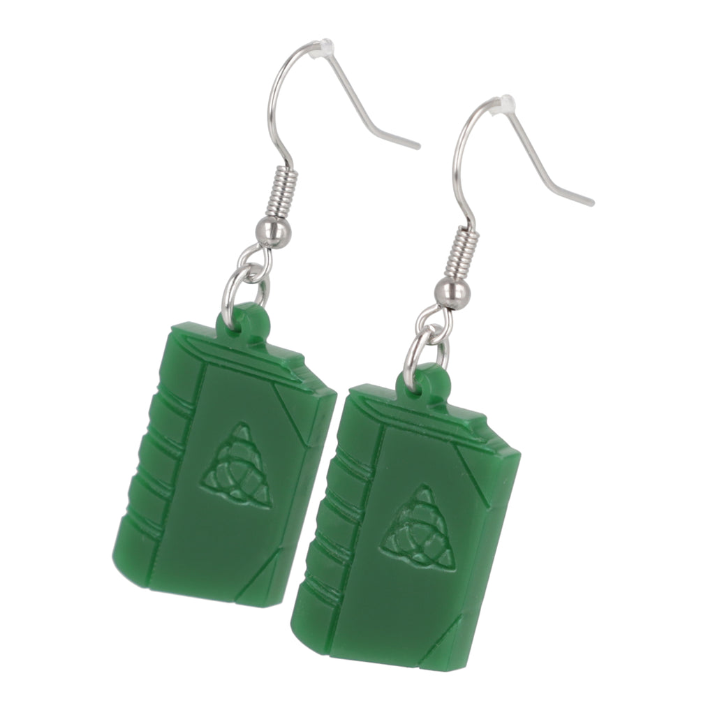 Moss green acrylic spell book charms on stainless steel earwires