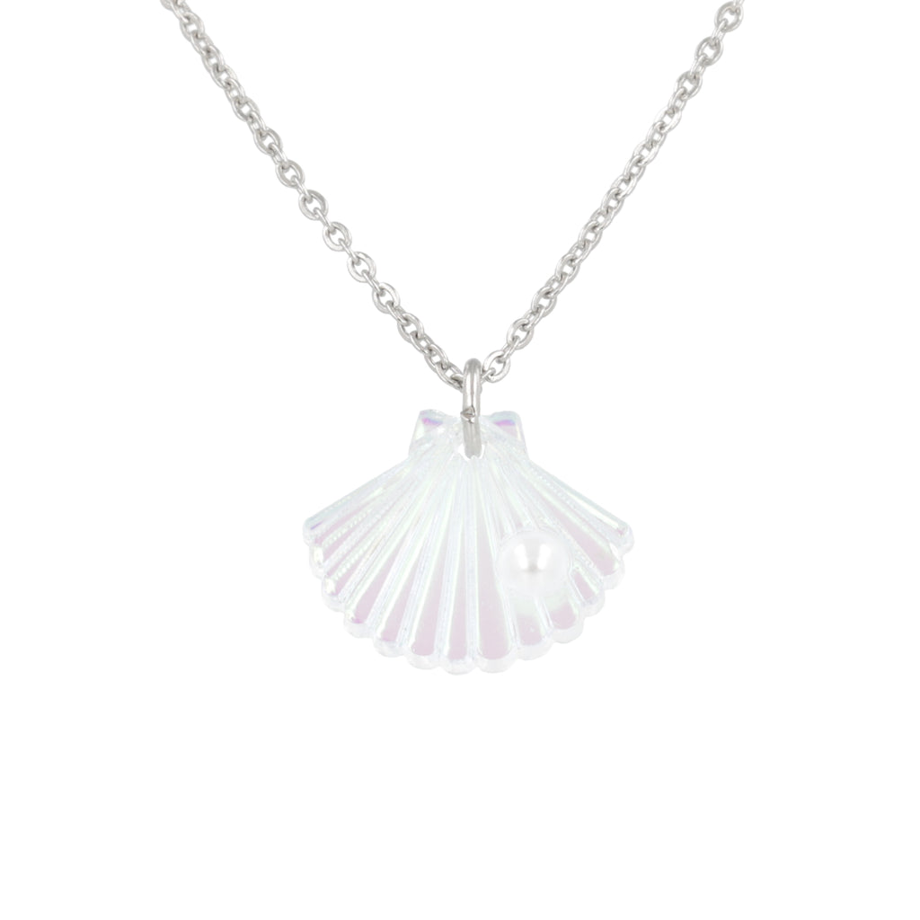 Iridescent shell pendant with a faux pearl on a stainless steel chain