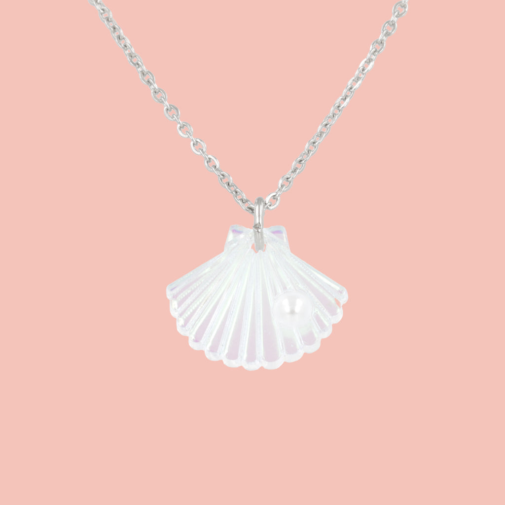 Iridescent shell pendant with a faux pearl on a stainless steel chain