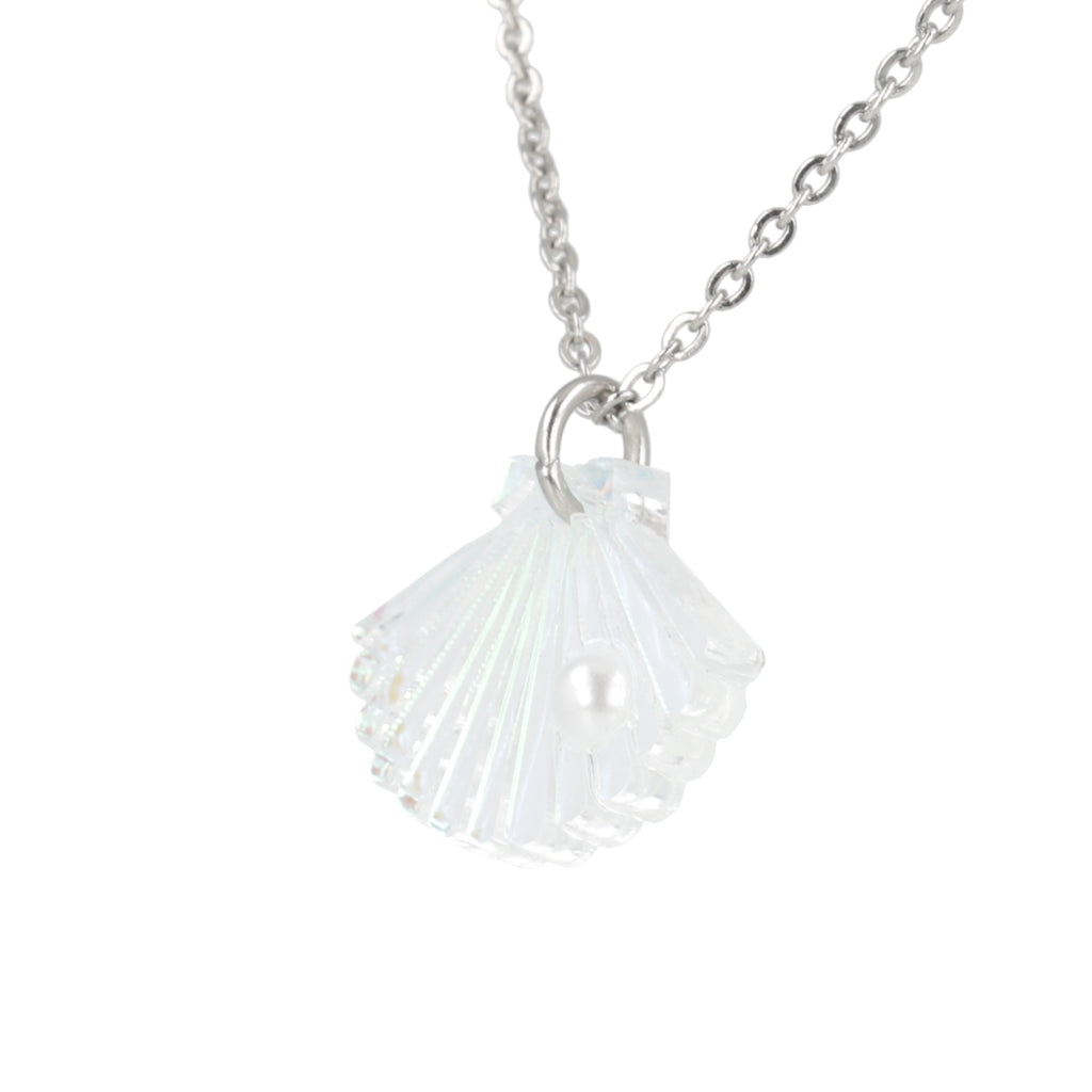 Iridescent shell pendant with a faux pearl on a stainless steel chain