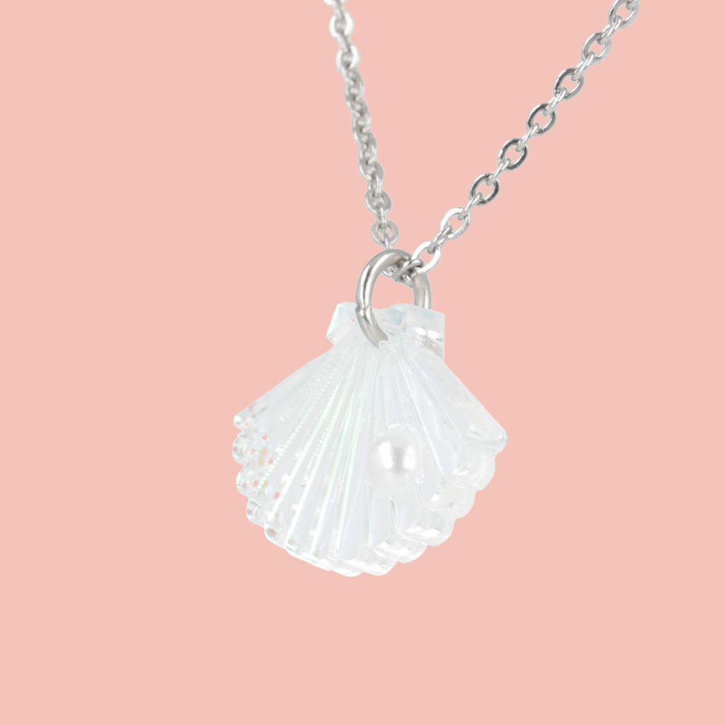 Iridescent shell pendant with a faux pearl on a stainless steel chain