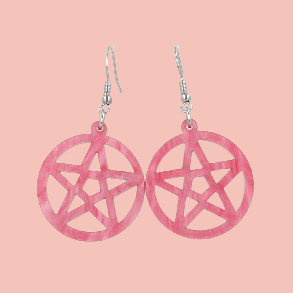 marble pink cut out pentacle charms on stainless steel earwires