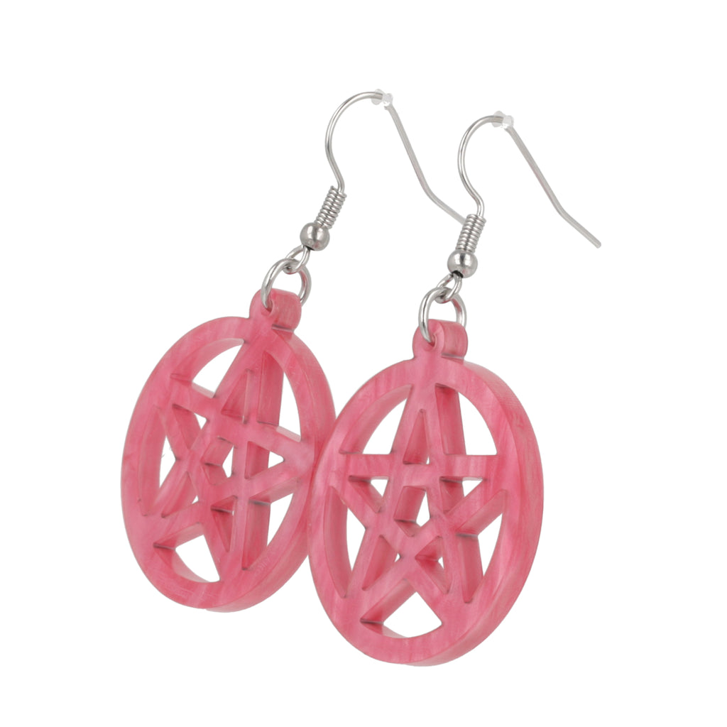 marble pink cut out pentacle charms on stainless steel earwires