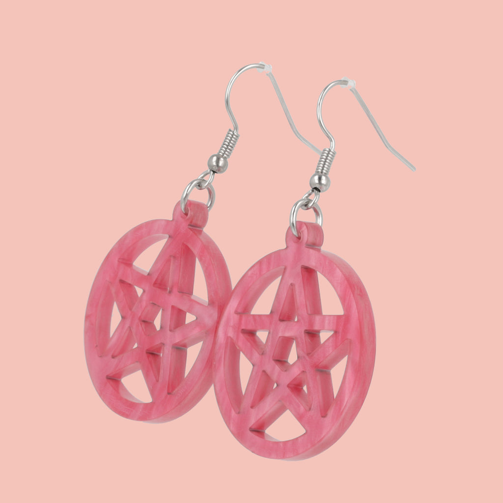 marble pink cut out pentacle charms on stainless steel earwires