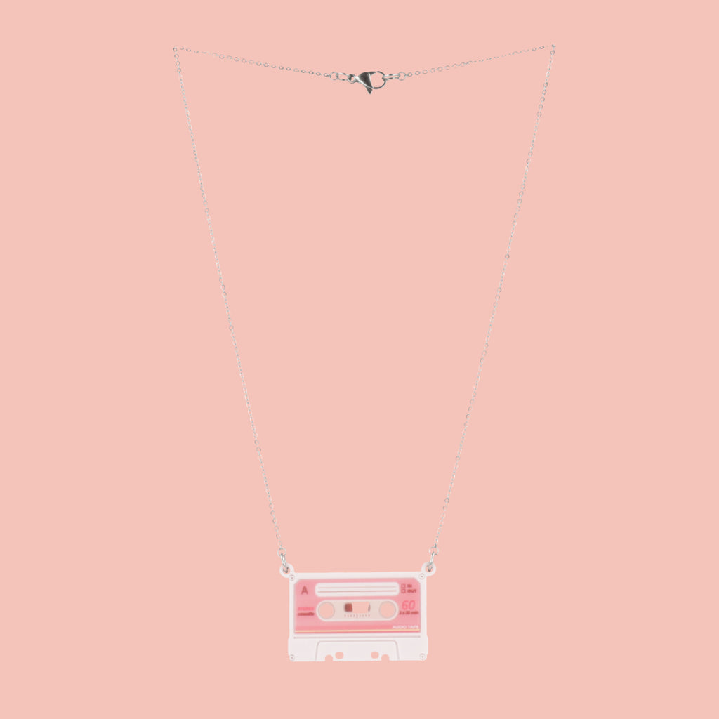 Pink pastel mixtape pendant on a stainless steel chain