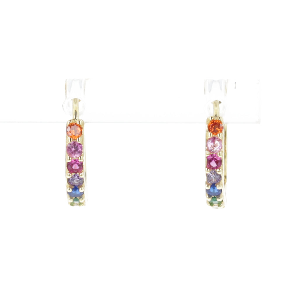 Orange, pink, purple, blue and green gemstones on a gold plated sterling silver hoop