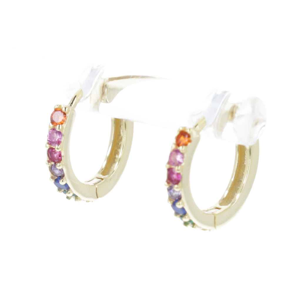 Orange, pink, purple, blue and green gemstones on a gold plated sterling silver hoop