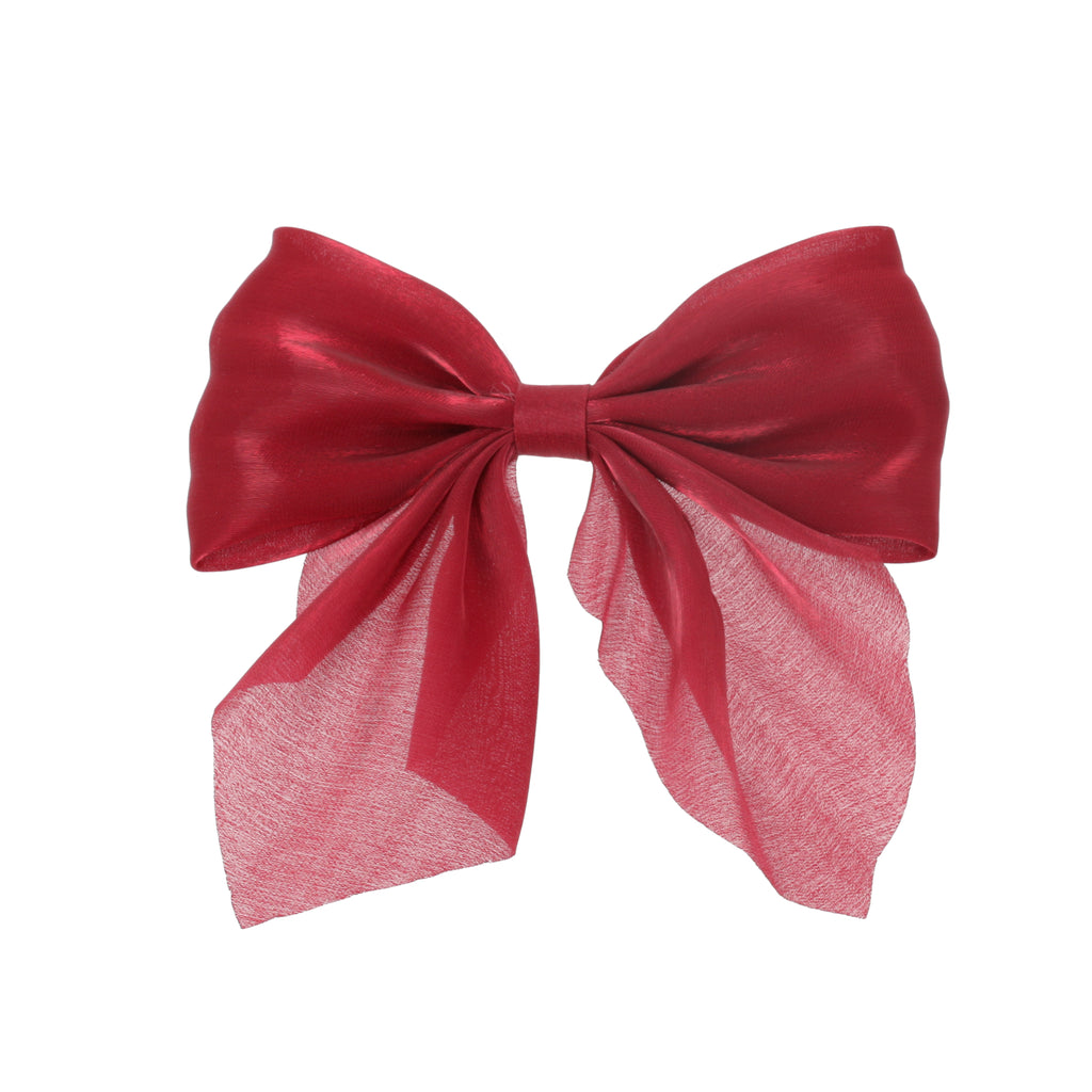 red shimmery hair bow with a base metal clip