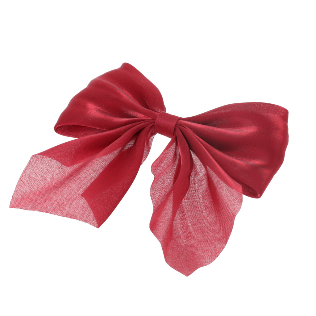 red shimmery hair bow with a base metal clip