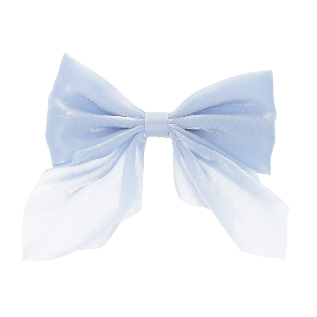 Shimmery blue bow with a base metal clip attached