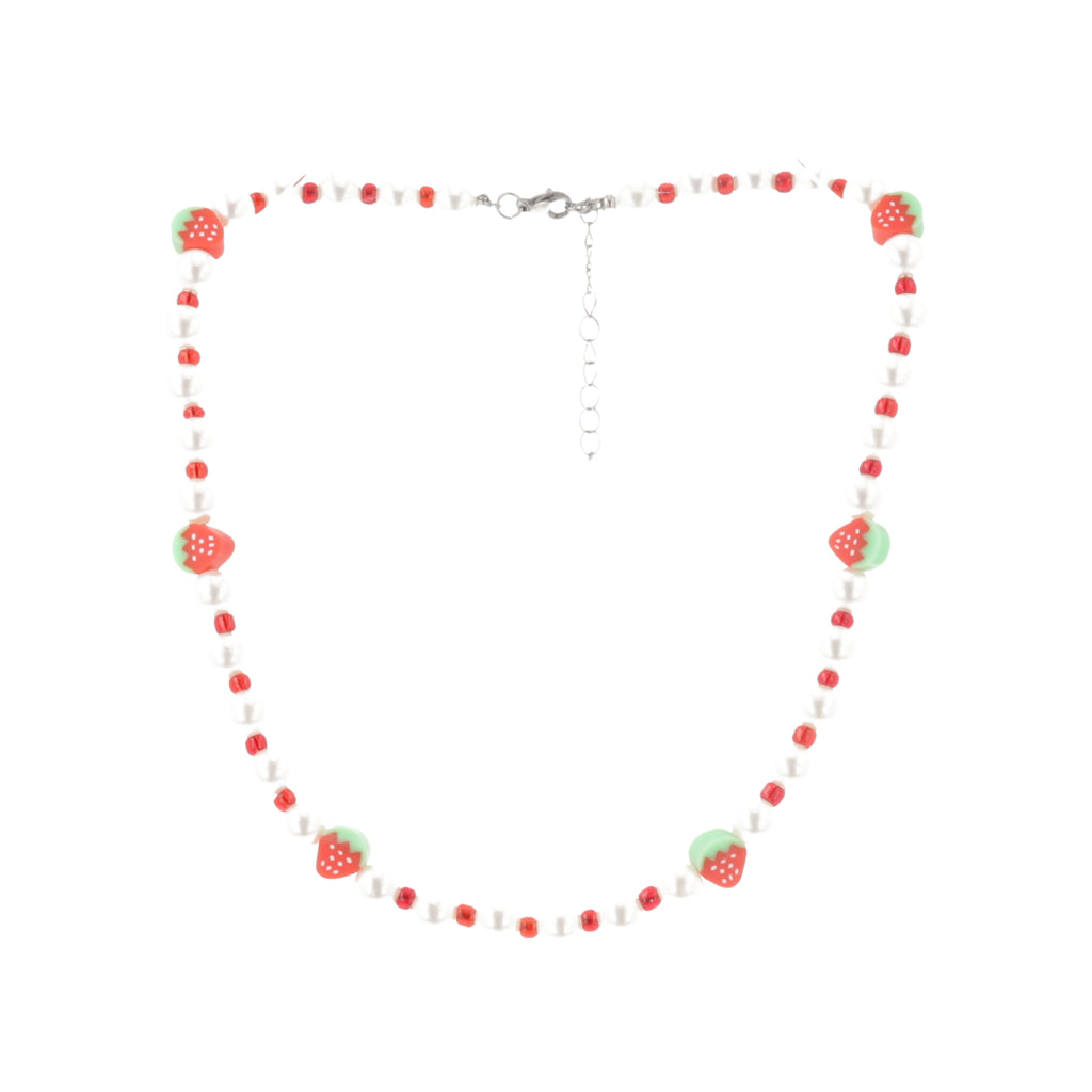 Faux pearl necklace featuring red beads and strawberry charms with a base metal clasp