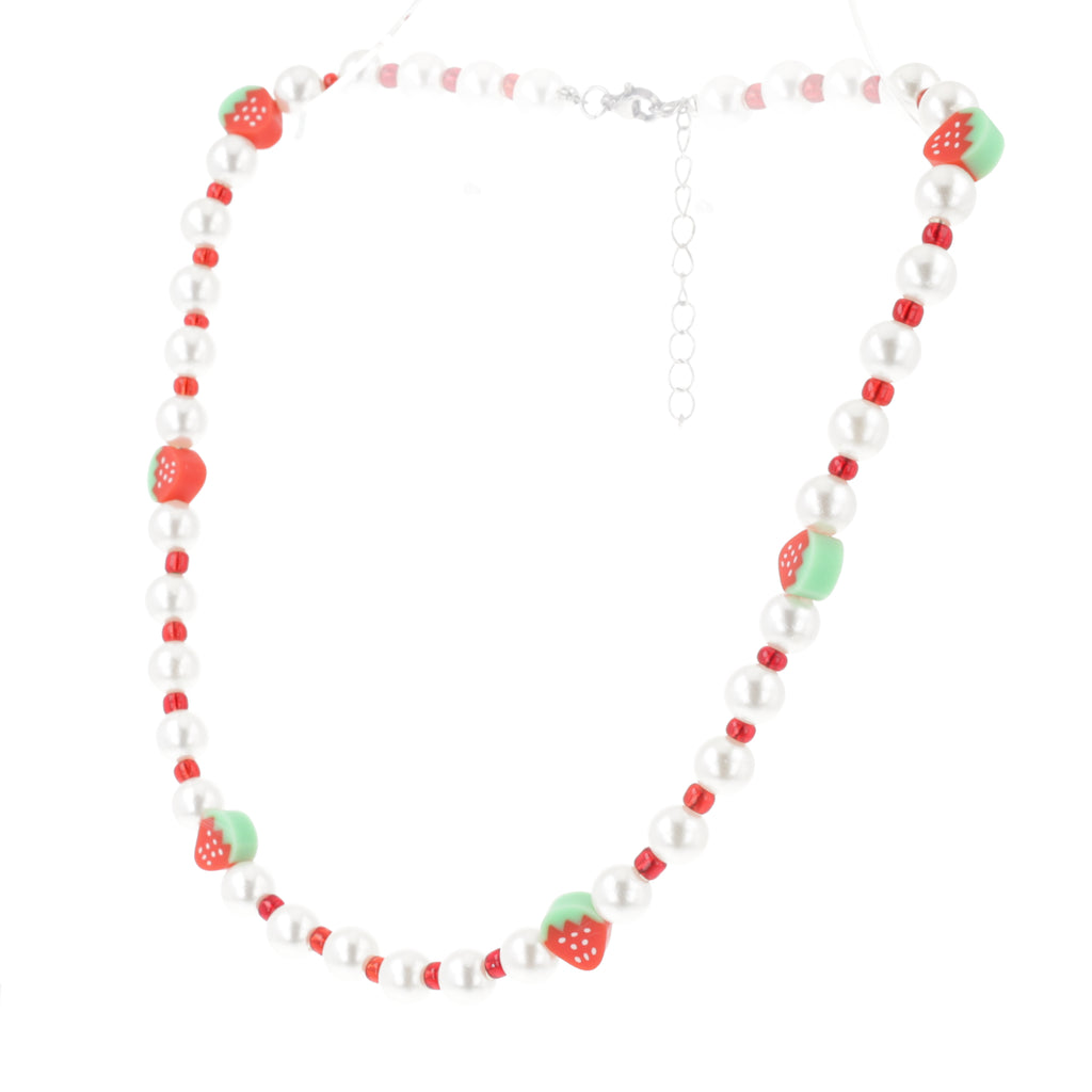 Faux pearl necklace featuring red beads and strawberry charms with a base metal clasp