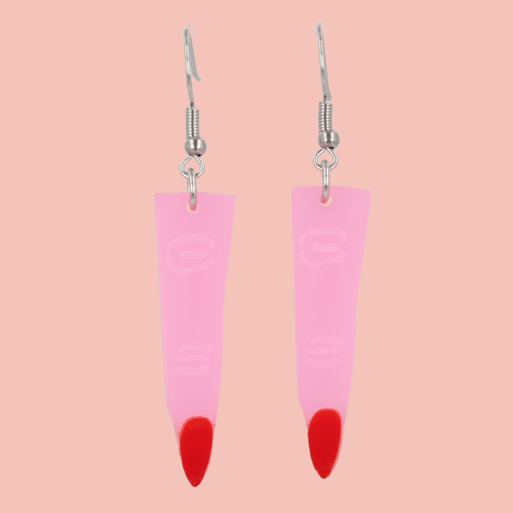 Pink witch's finger charm on stainless steel earwires