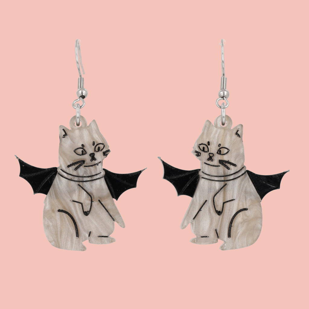 Grey cat charms with bat wings on stainless steel earwires