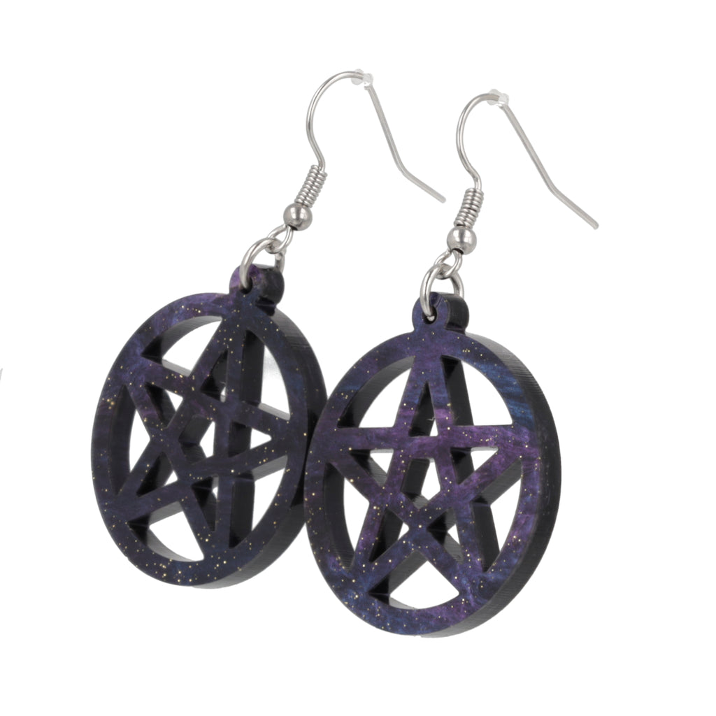 galaxy-inspired marble pentacle charms on stainless steel earwires