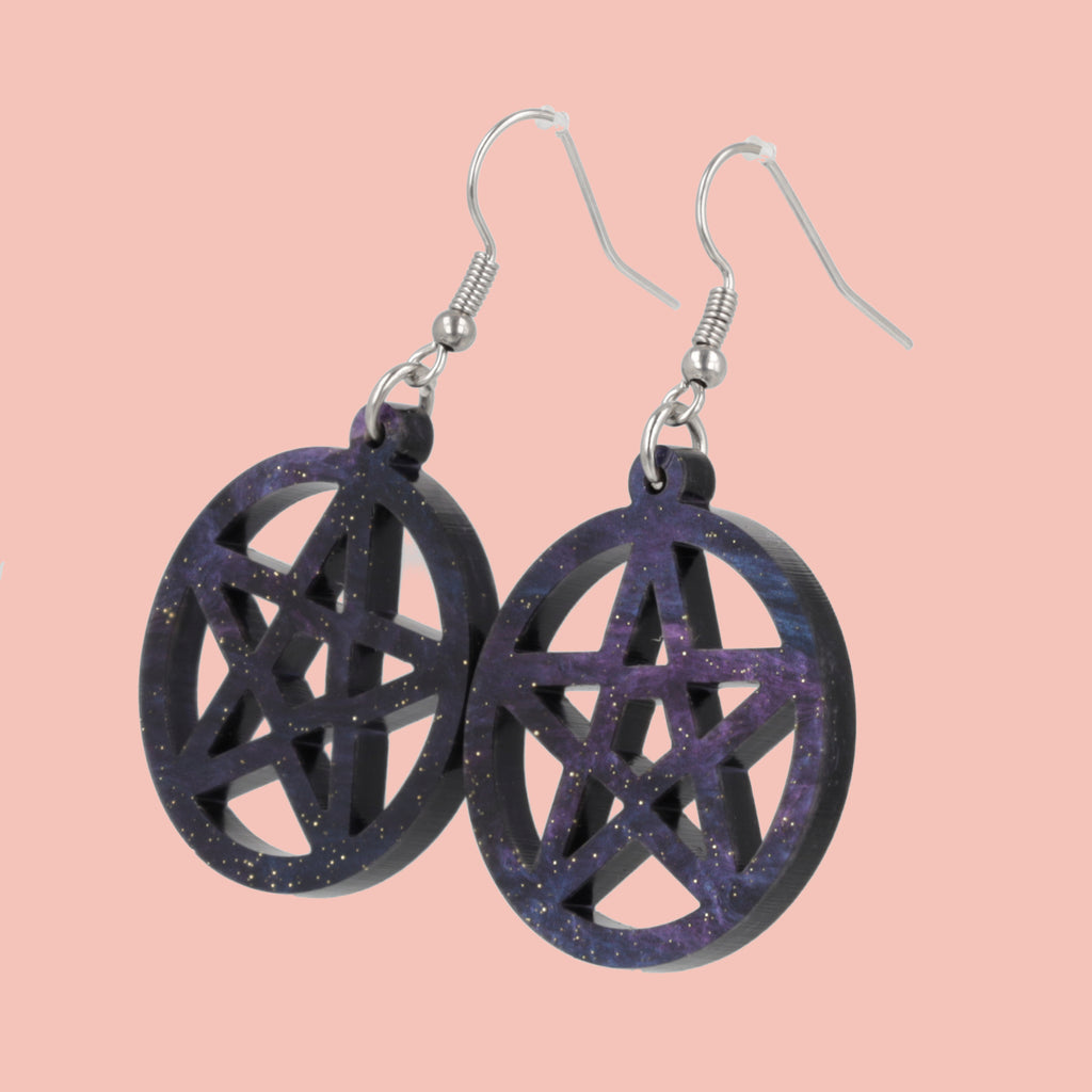 galaxy-inspired marble pentacle charms on stainless steel earwires